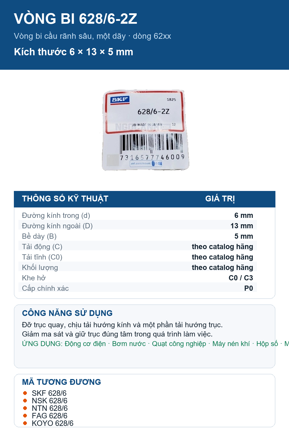Vòng bi SKF 628/6-2Z 6x13x5mm — Ảnh thông số (Pinterest)