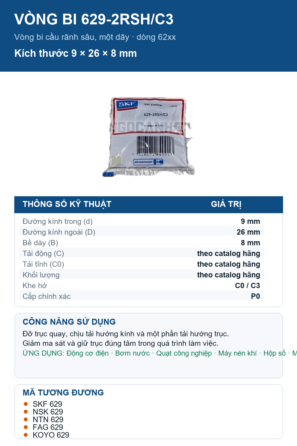 Vòng bi SKF 629-2RSH/C3 9x26x8mm — Ảnh thông số (Pinterest)