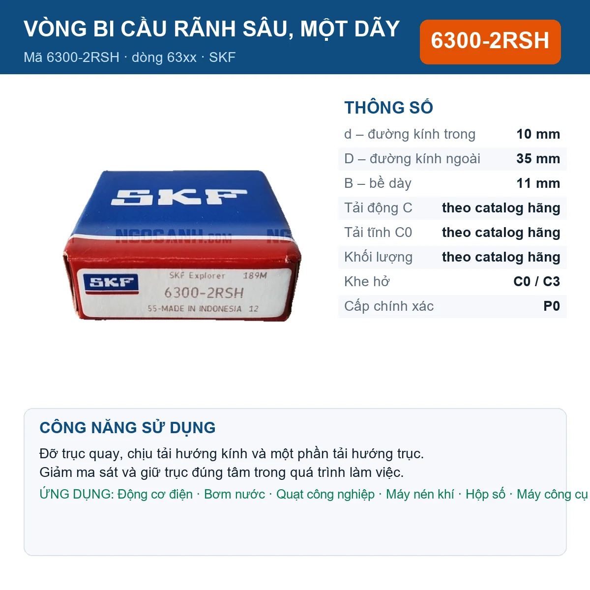 Vòng bi SKF 6300-2RSH — kích thước 10x35x11mm