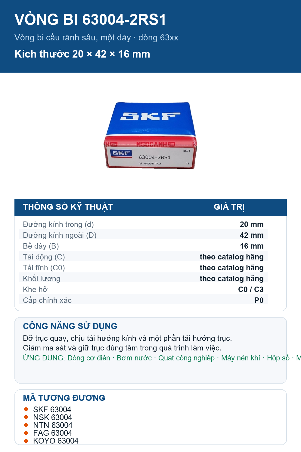 Vòng bi SKF 63004-2RS1 20x42x16mm — Ảnh thông số (Pinterest)