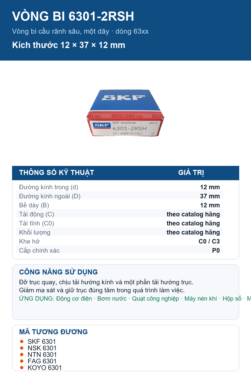 Vòng bi SKF 6301-2RSH 12x37x12mm — Ảnh thông số (Pinterest)