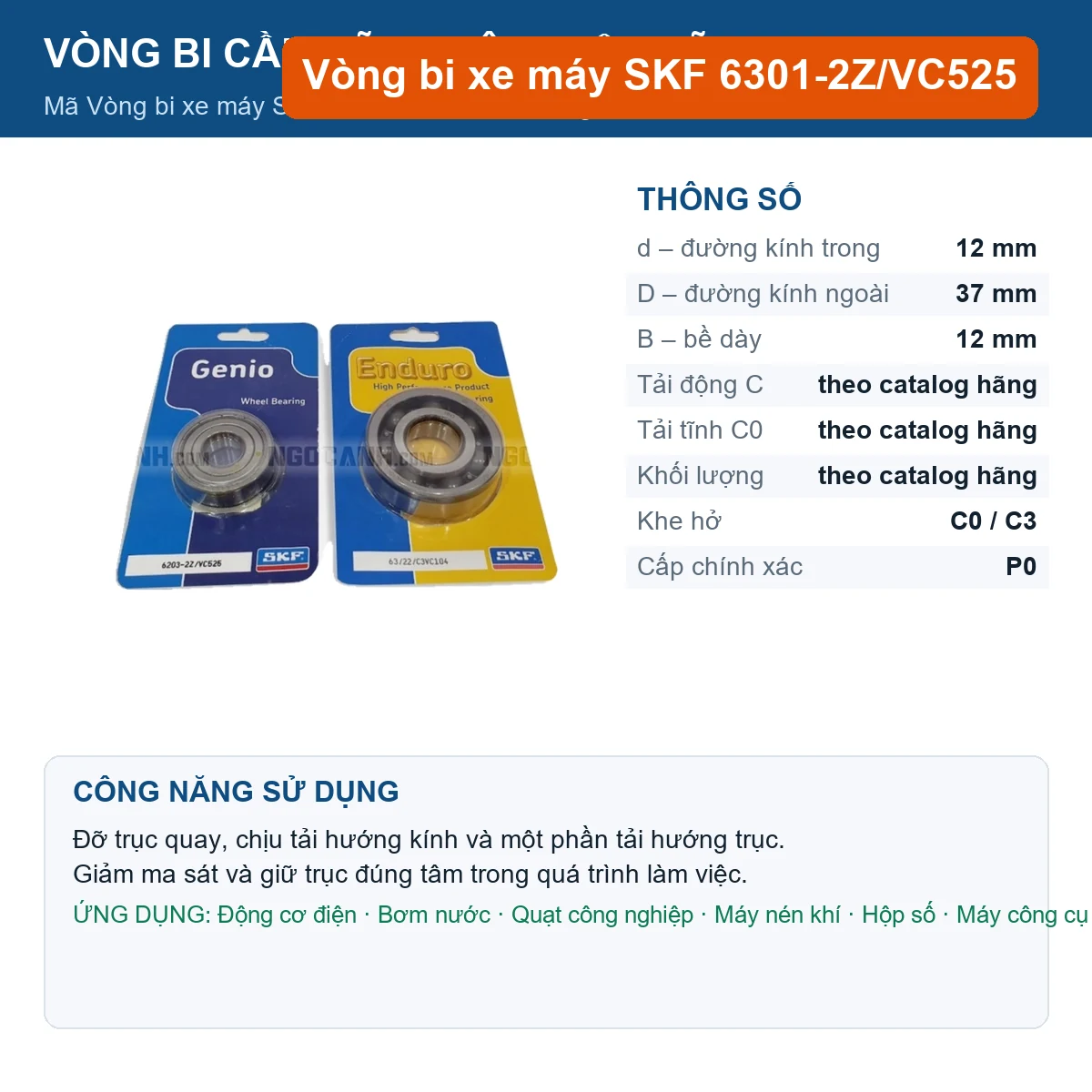 Vòng bi SKF 6301-2Z/VC525 12x37x12mm — Ảnh đăng sản phẩm (web)
