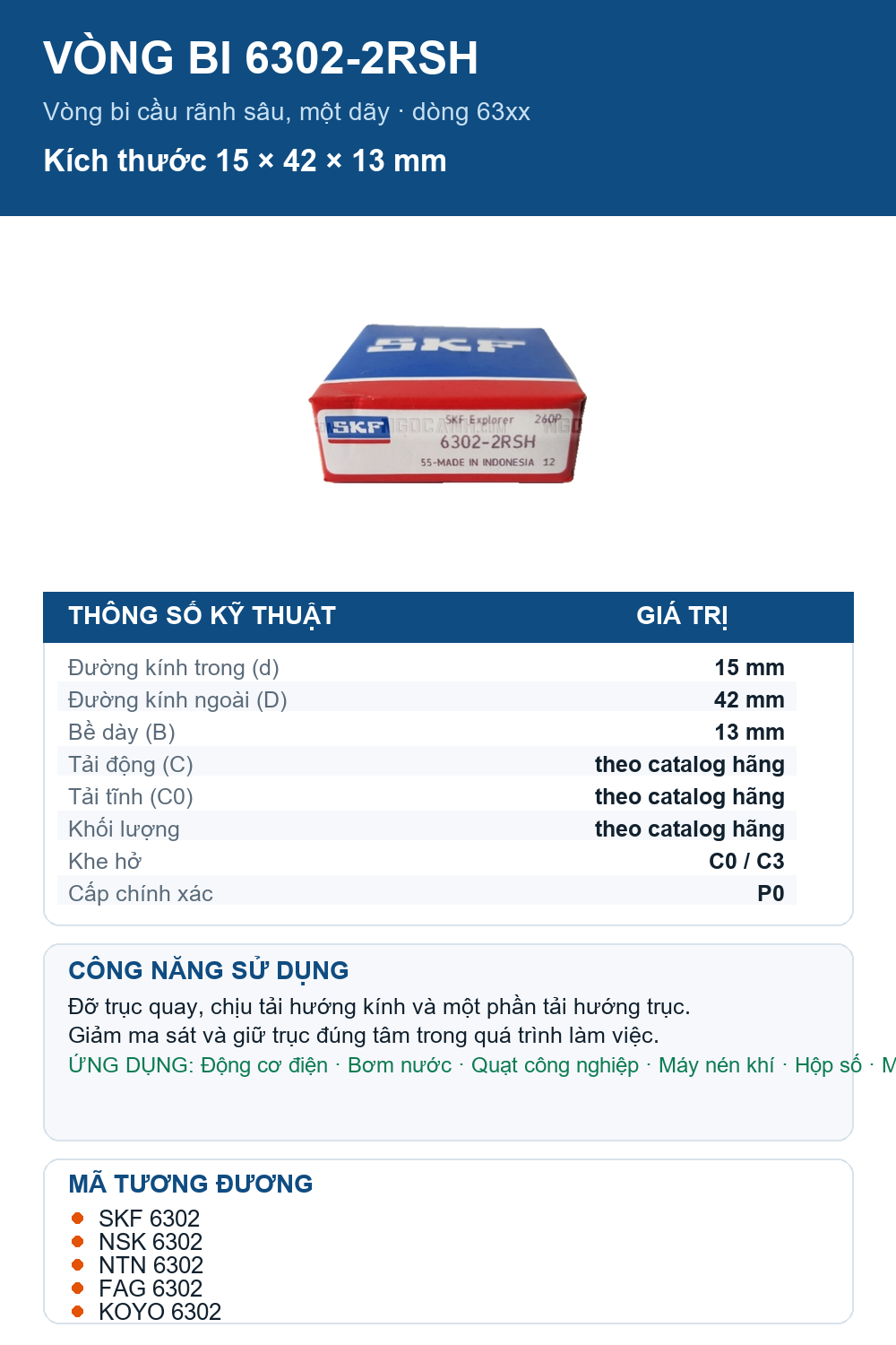 Vòng bi SKF 6302-2RSH 15x42x13mm — Ảnh thông số (Pinterest)