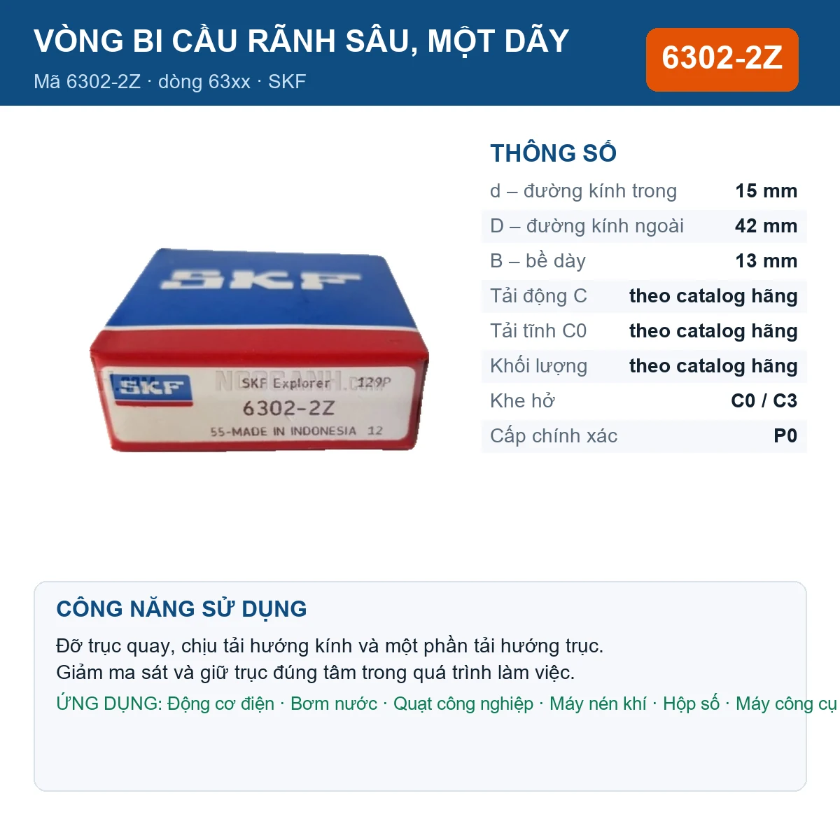 Vòng bi SKF 6302-2Z — kích thước 15x42x13mm