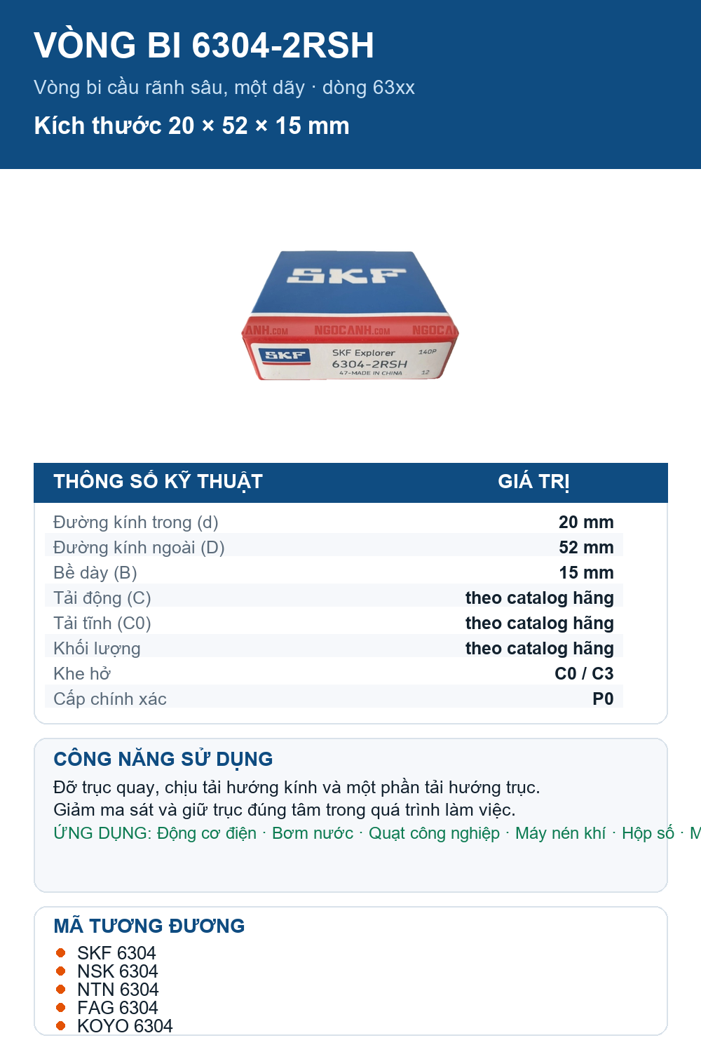 Vòng bi SKF 6304-2RSH 20x52x15mm — Ảnh thông số (Pinterest)