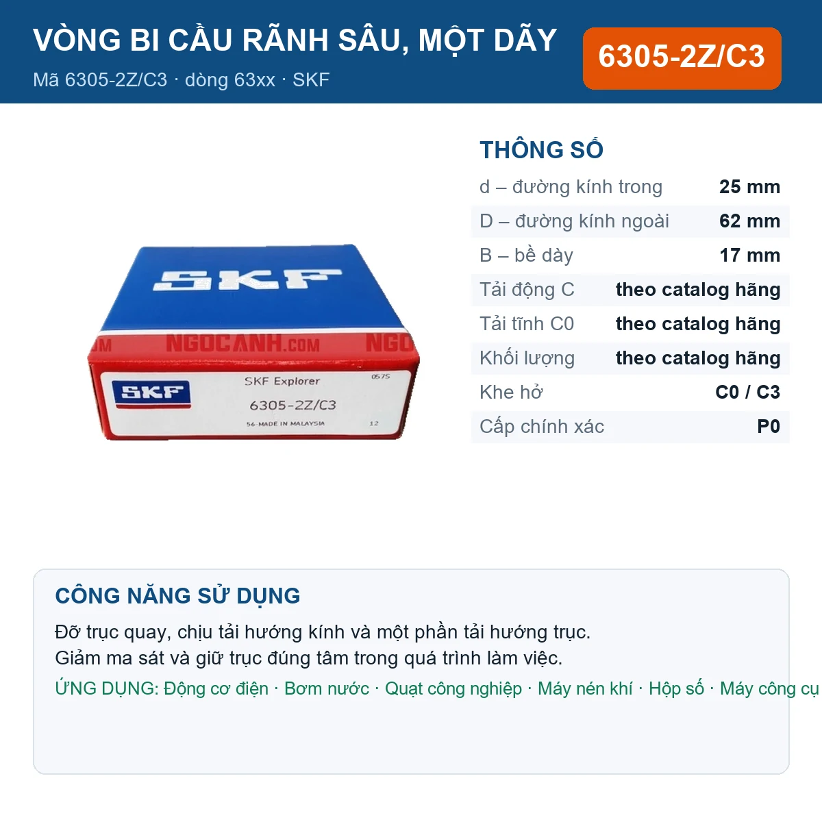 Vòng bi SKF 6305-2Z/C3 — kích thước 25x62x17mm