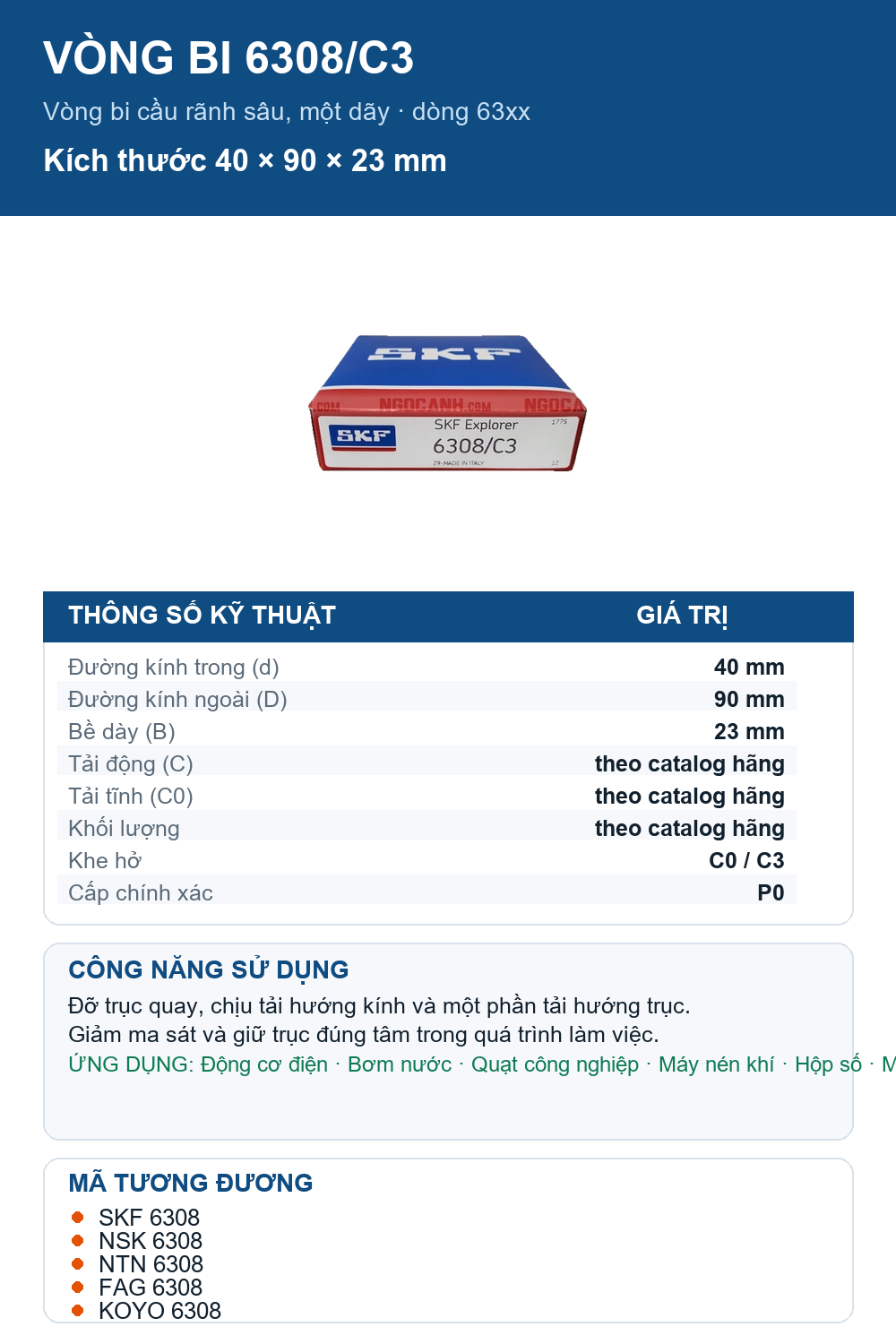 Vòng bi SKF 6308/C3 40x90x23mm — Ảnh thông số (Pinterest)
