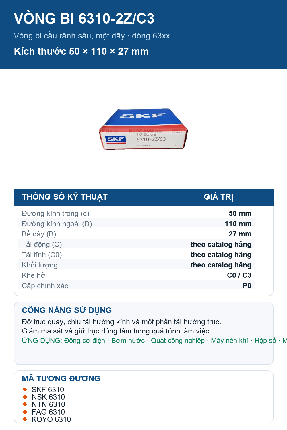 Vòng bi SKF 6310-2Z/C3 50x110x27mm — Ảnh thông số (Pinterest)