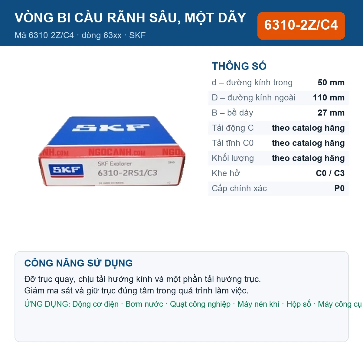 Vòng bi SKF 6310-2Z/C4 — kích thước 50x110x27mm