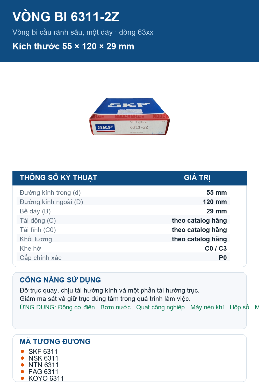 Vòng bi SKF 6311-2Z 55x120x29mm — Ảnh thông số (Pinterest)