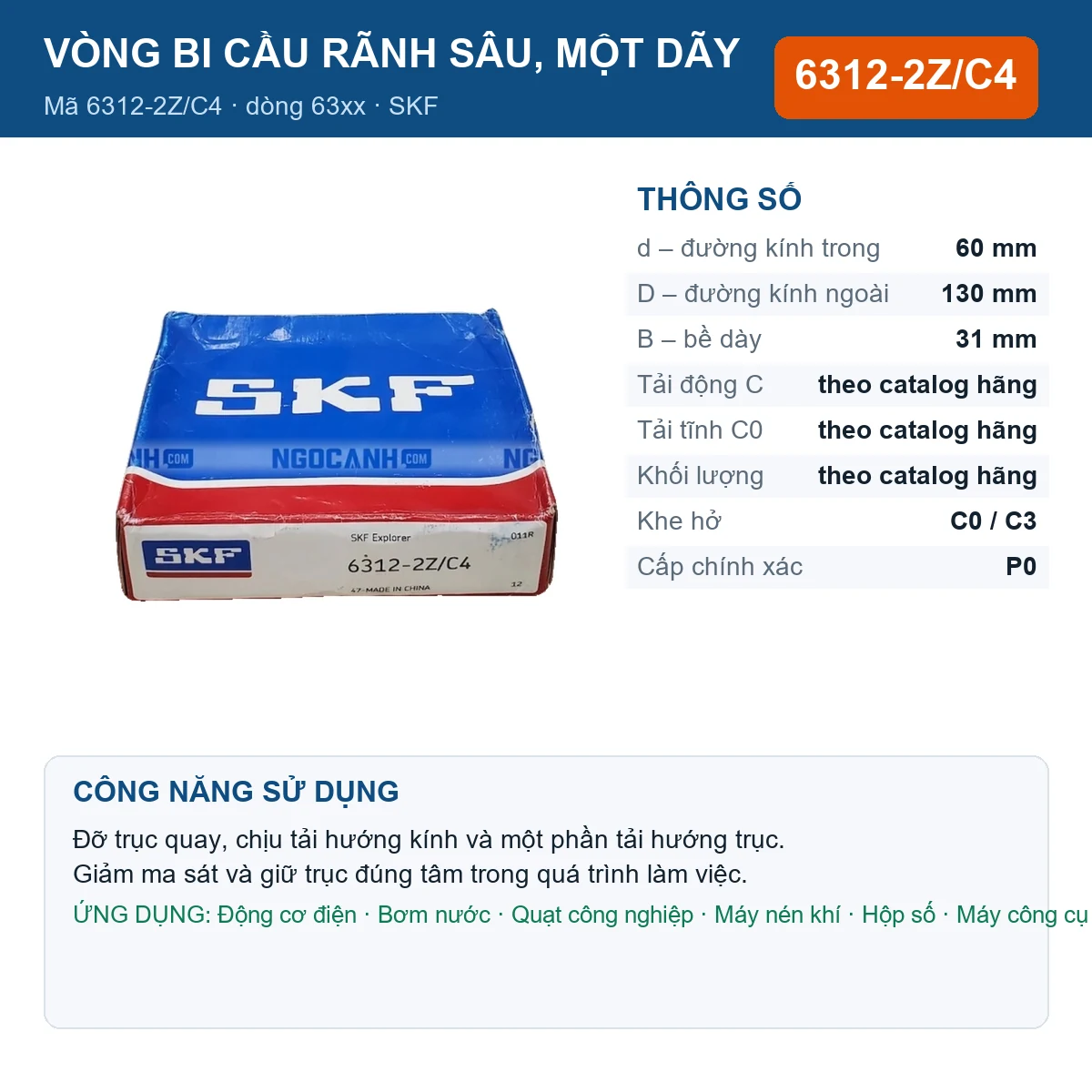 Vòng bi SKF 6312-2Z/C4 — kích thước 60x130x31mm