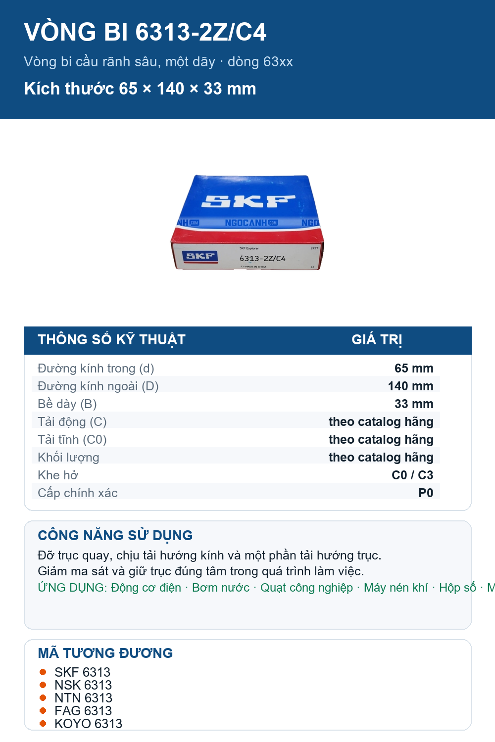 Vòng bi SKF 6313-2Z/C4 65x140x33mm — Ảnh thông số (Pinterest)