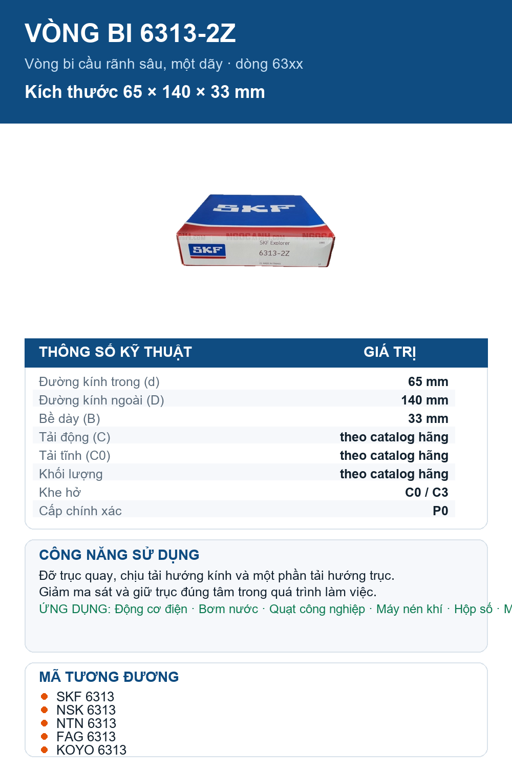 Vòng bi SKF 6313-2Z 65x140x33mm — Ảnh thông số (Pinterest)
