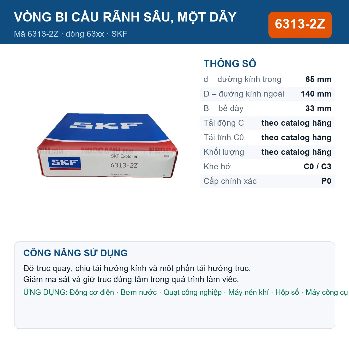 Vòng bi SKF 6313-2Z — kích thước 65x140x33mm