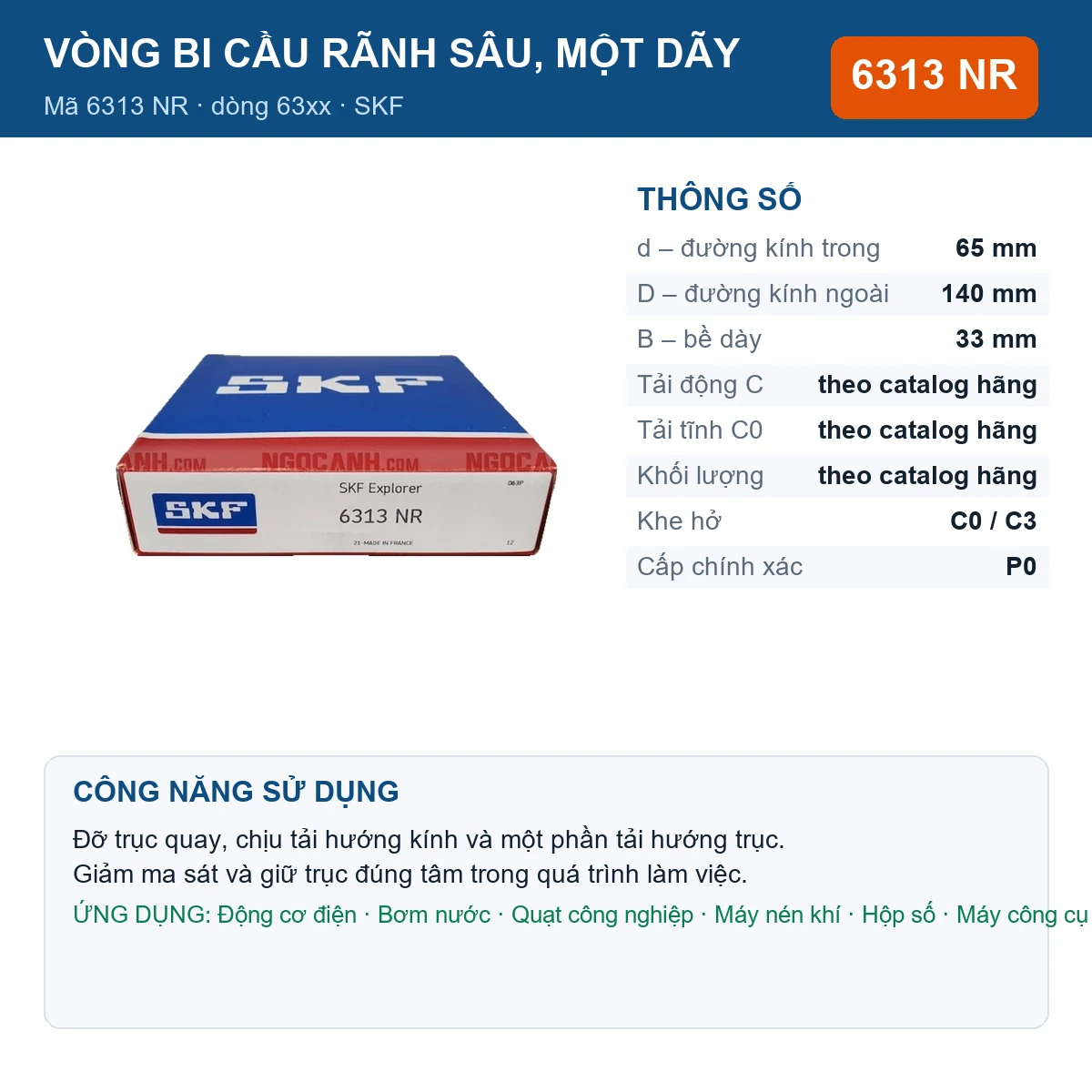 Vòng bi SKF 6313 NR — kích thước 65x140x33mm