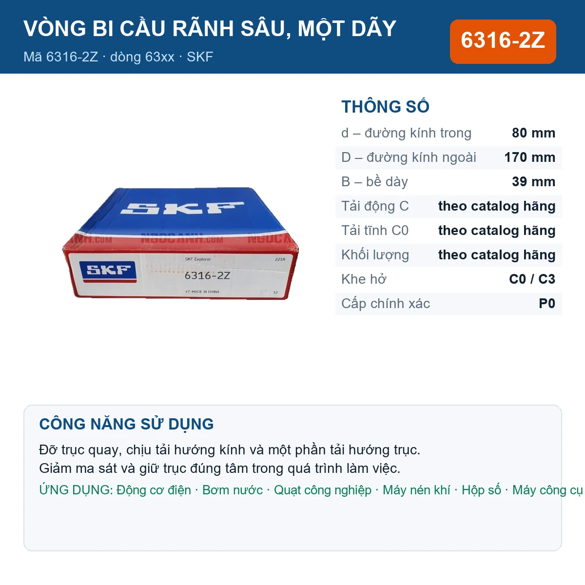 Vòng bi SKF 6316-2Z — kích thước 80x170x39mm