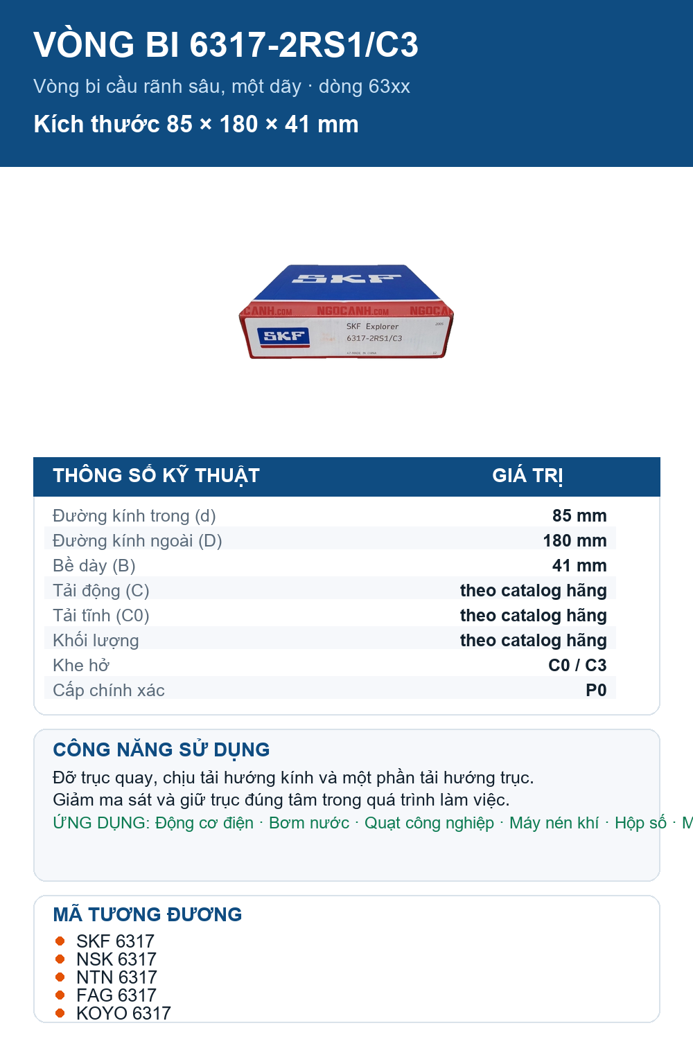 Vòng bi SKF 6317-2RS1/C3 85x180x41mm — Ảnh thông số (Pinterest)