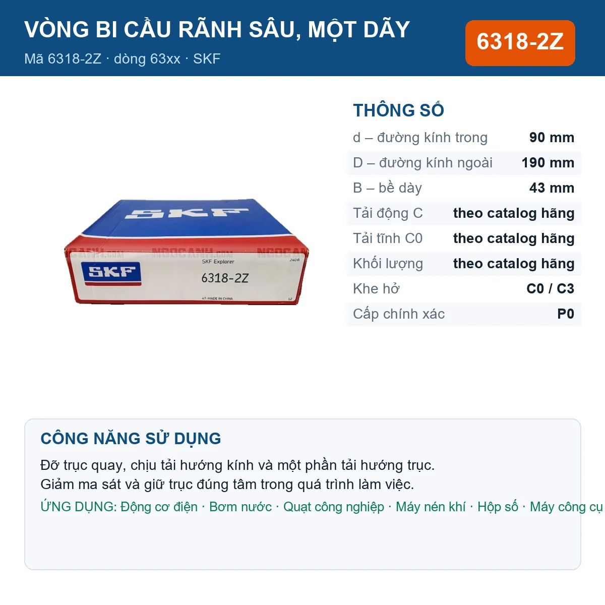 Vòng bi SKF 6318-2Z — kích thước 90x190x43mm