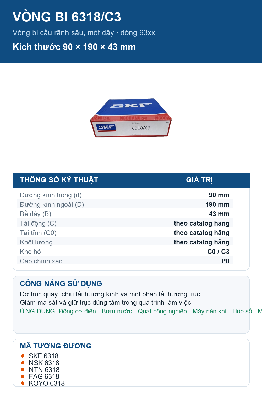 Vòng bi SKF 6318/C3 90x190x43mm — Ảnh thông số (Pinterest)