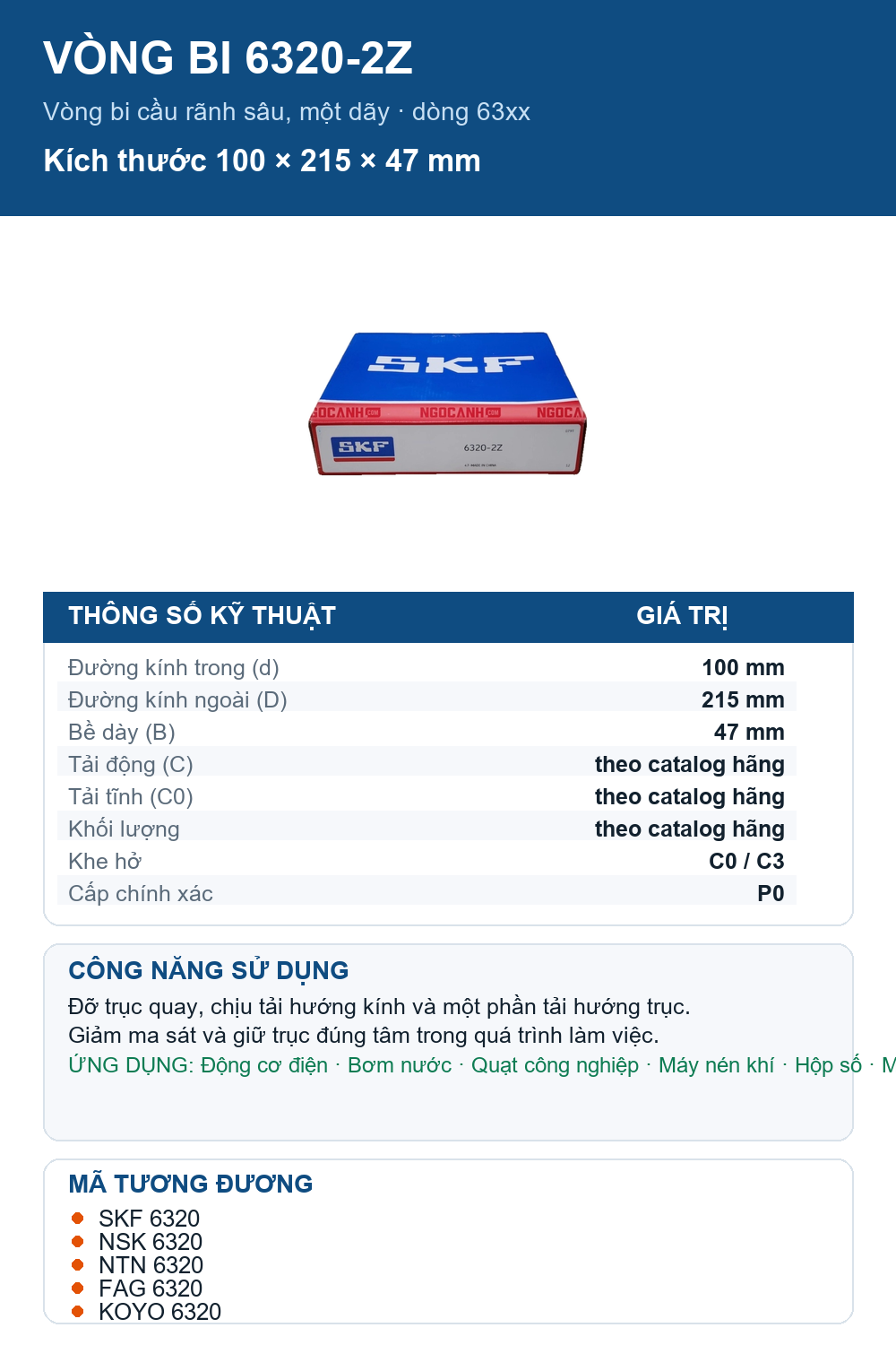 Vòng bi SKF 6320-2Z 100x215x47mm — Ảnh thông số (Pinterest)