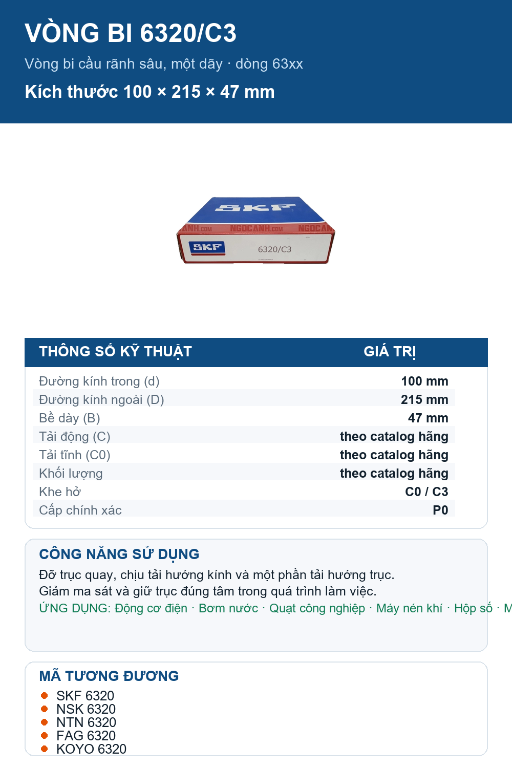 Vòng bi SKF 6320/C3 100x215x47mm — Ảnh thông số (Pinterest)