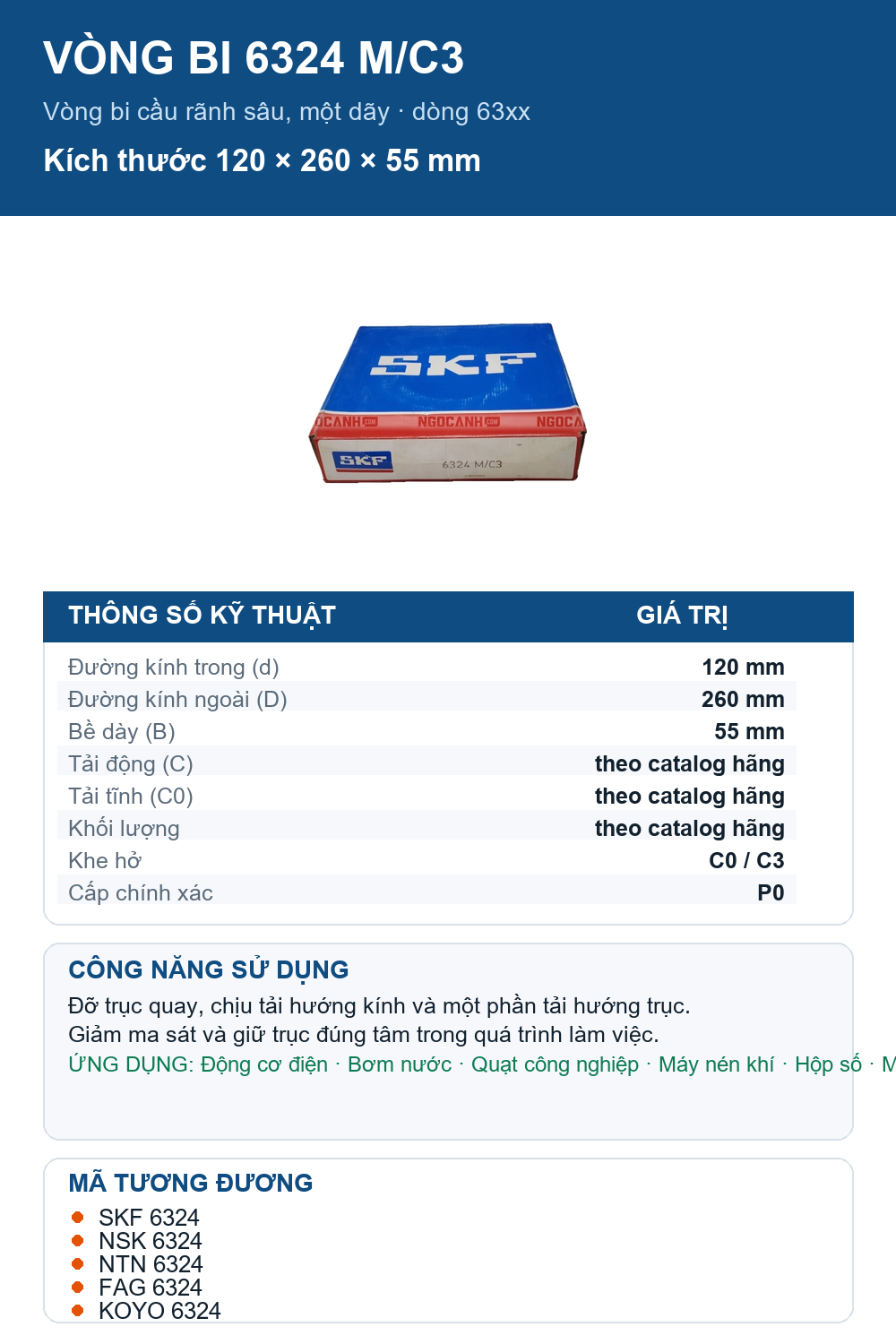 Vòng bi SKF 6324 M/C3 120x260x55mm — Ảnh thông số (Pinterest)