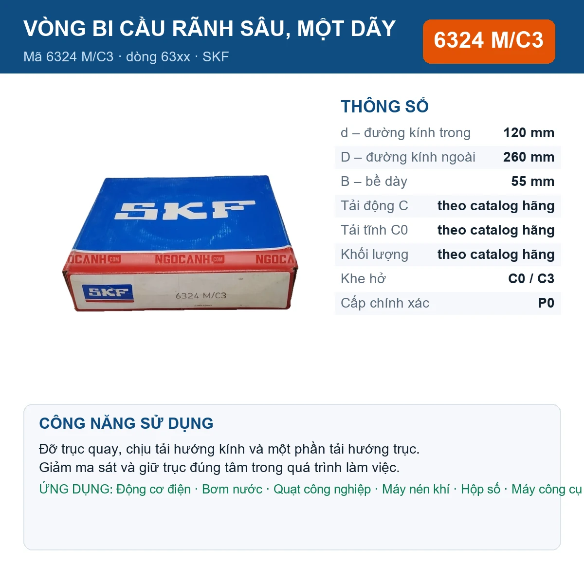 Vòng bi SKF 6324 M/C3 120x260x55mm — Ảnh đăng sản phẩm (web)