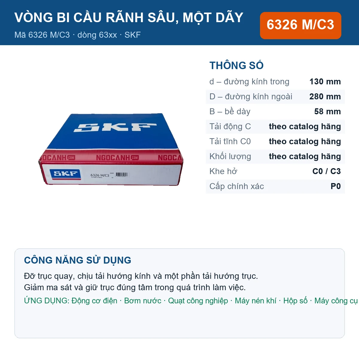 Vòng bi SKF 6326 M/C3 130x280x58mm — Ảnh đăng sản phẩm (web)