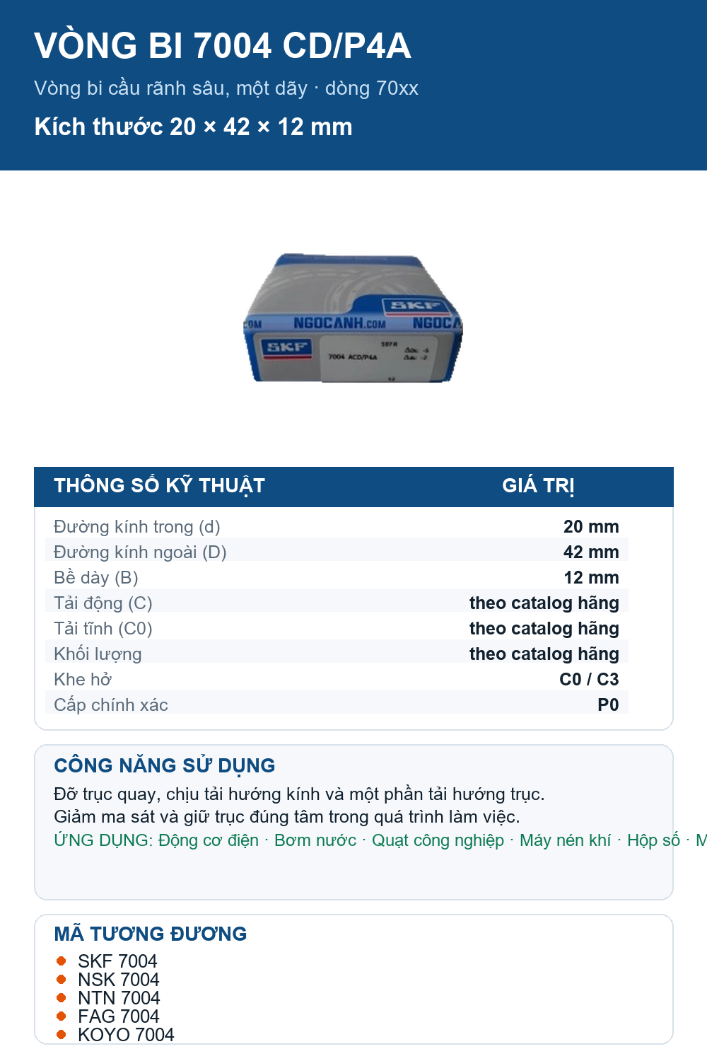 Vòng bi SKF 7004 CD/P4A 20x42x12mm — Ảnh thông số (Pinterest)