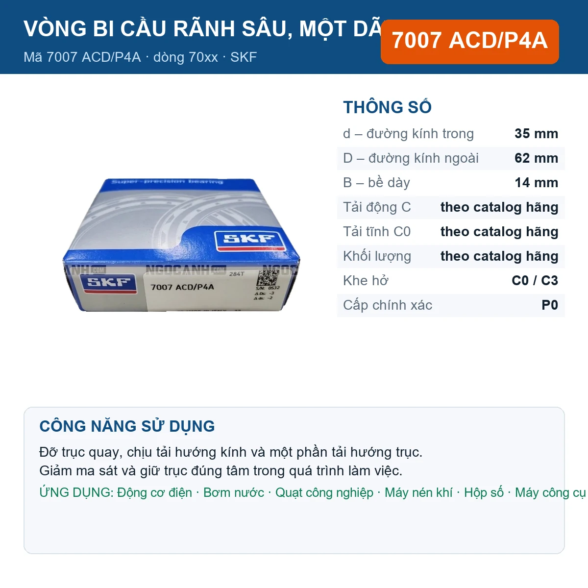 Vòng bi SKF 7007 ACD/P4A — kích thước 35x62x14mm