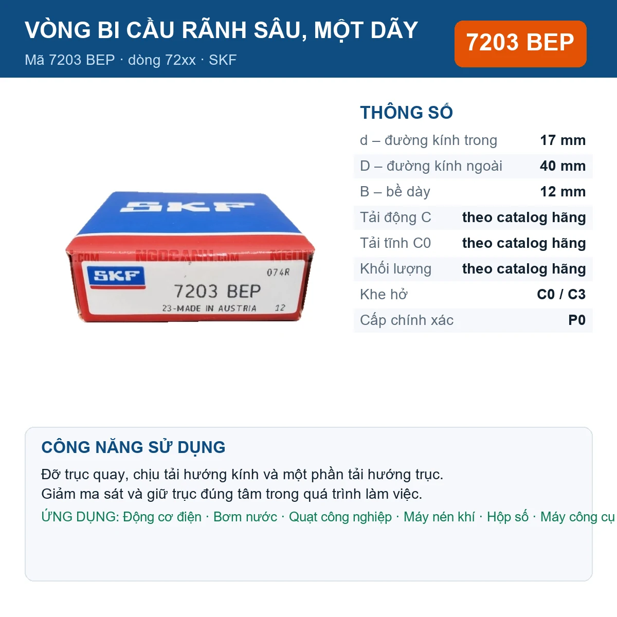 Vòng bi SKF 7203 BEP — kích thước 17x40x12mm