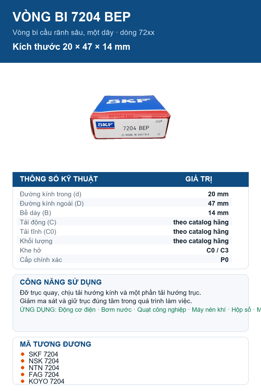 Vòng bi SKF 7204 BEP 20x47x14mm — Ảnh thông số (Pinterest)