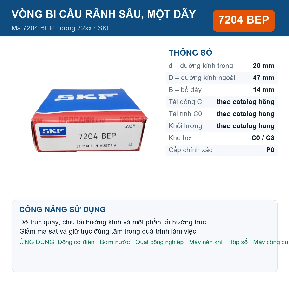 Vòng bi SKF 7204 BEP — kích thước 20x47x14mm