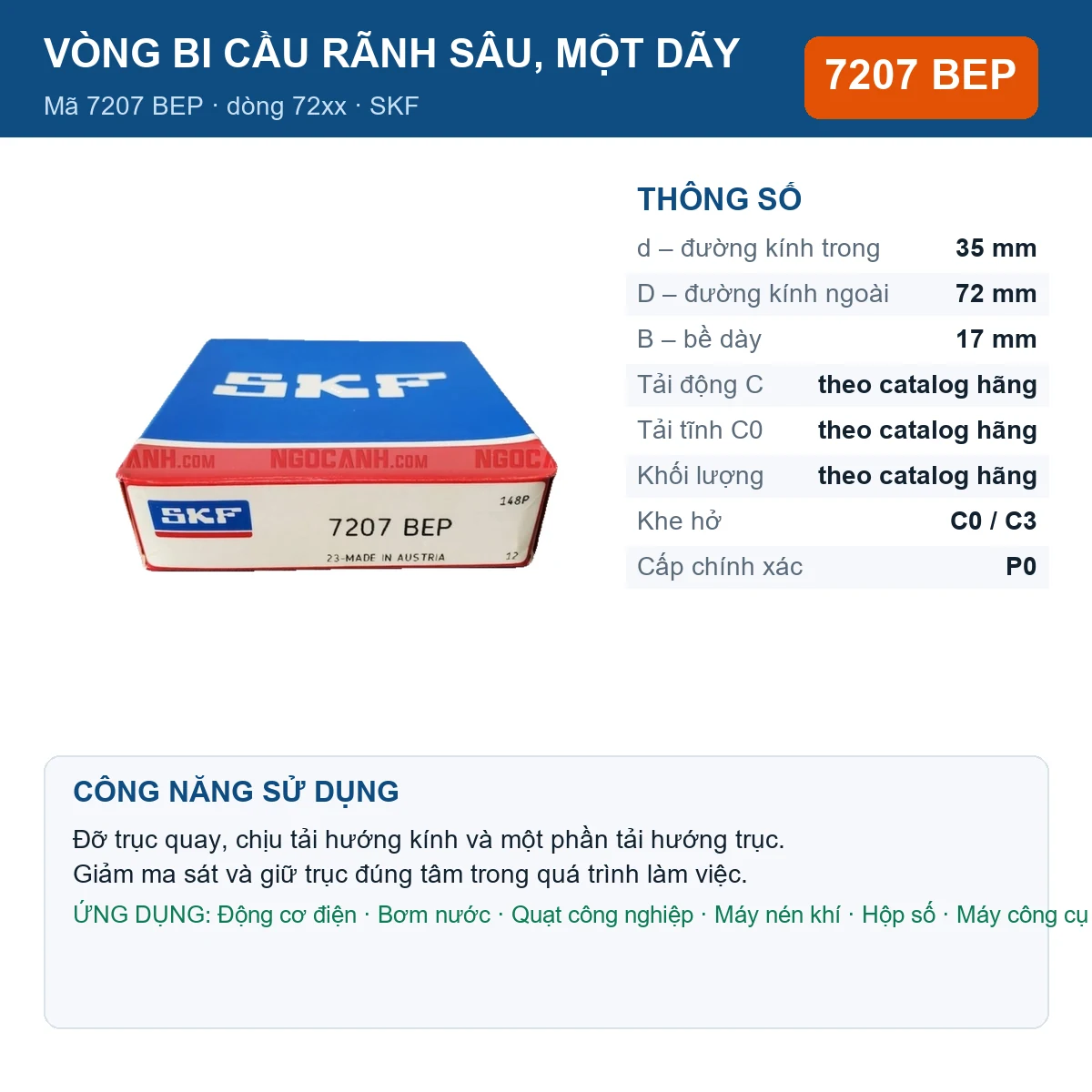 Vòng bi SKF 7207 BEP — kích thước 35x72x17mm