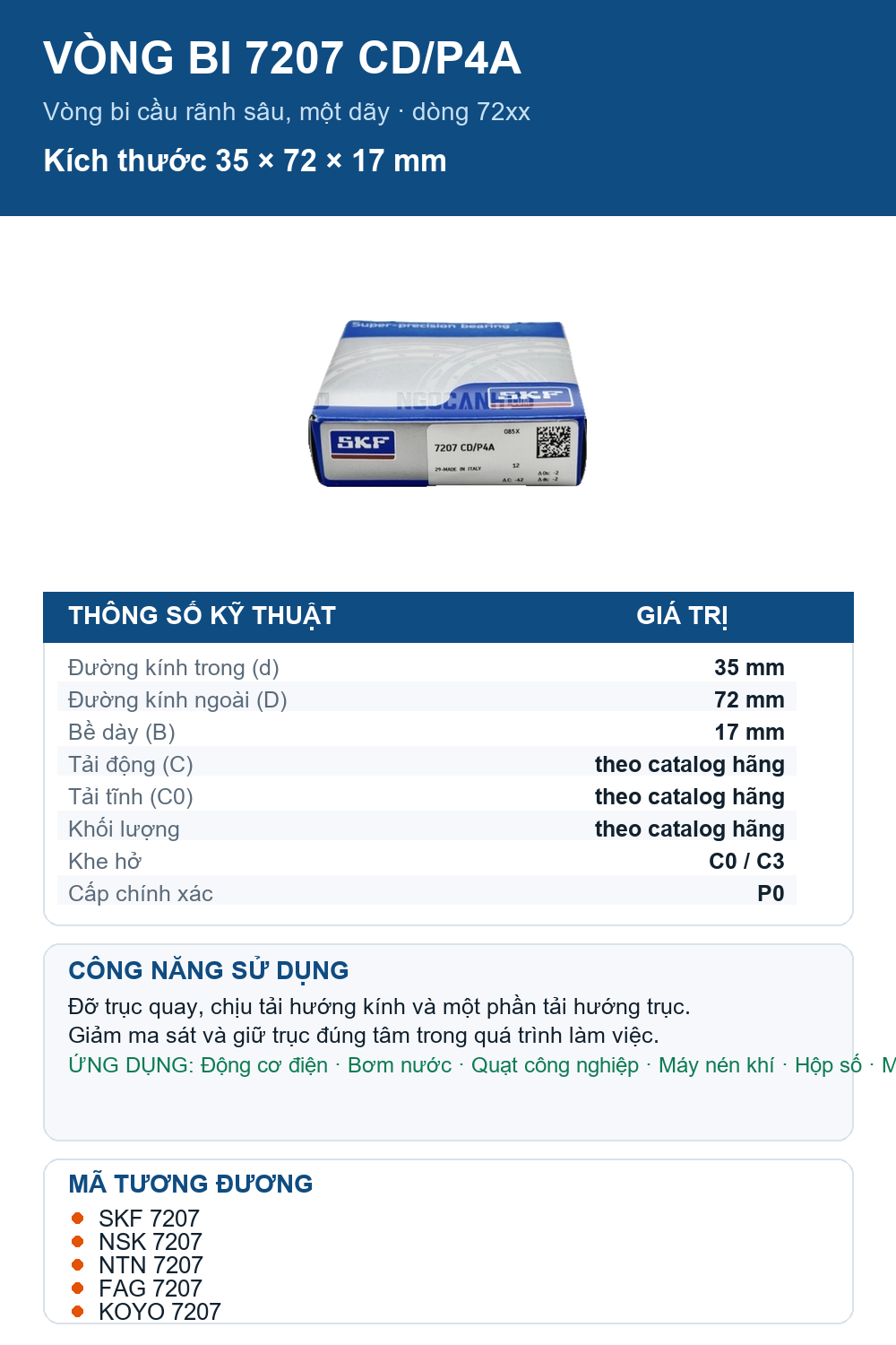 Vòng bi SKF 7207 CD/P4A 35x72x17mm — Ảnh thông số (Pinterest)