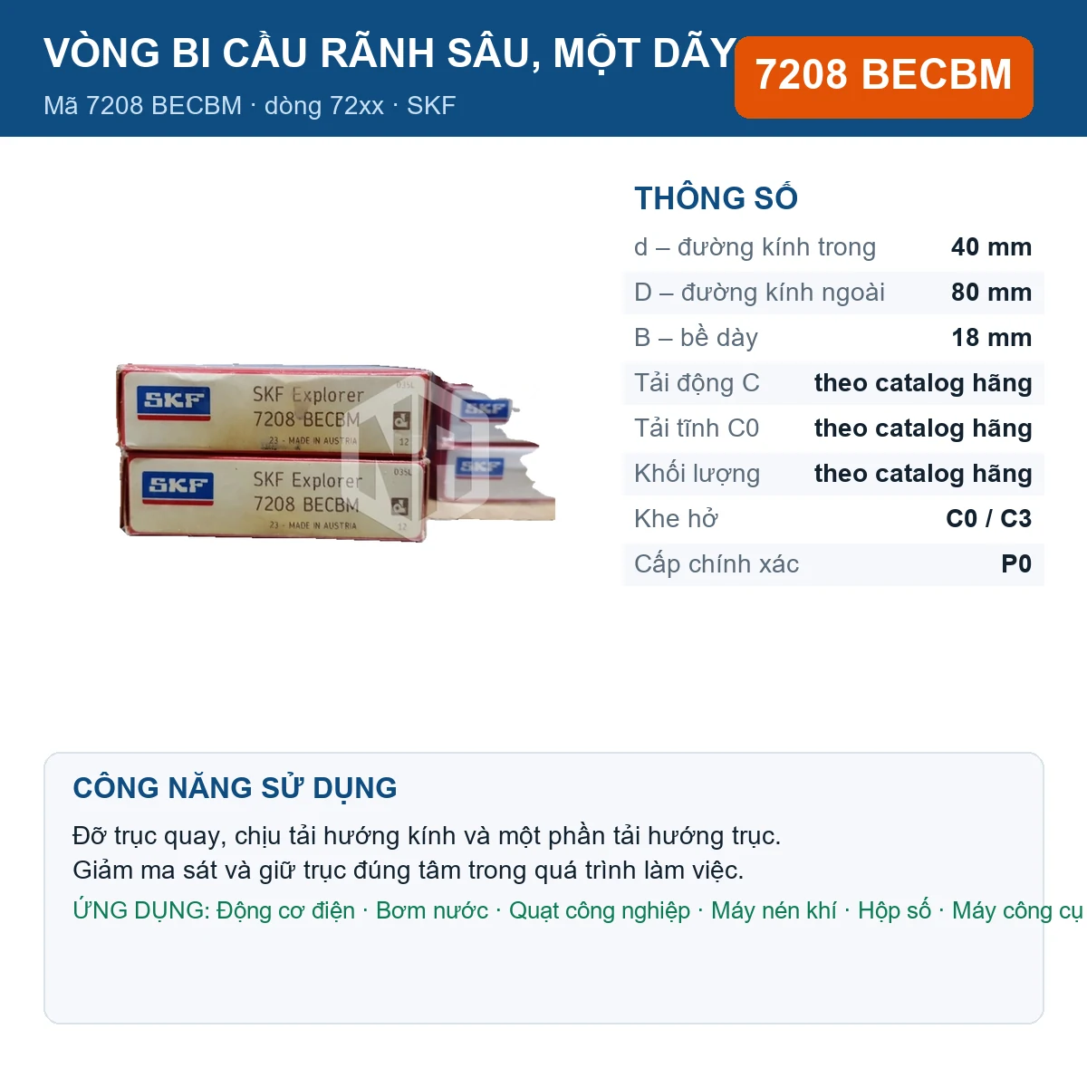 Vòng bi SKF 7208 BECBM — kích thước 40x80x18mm