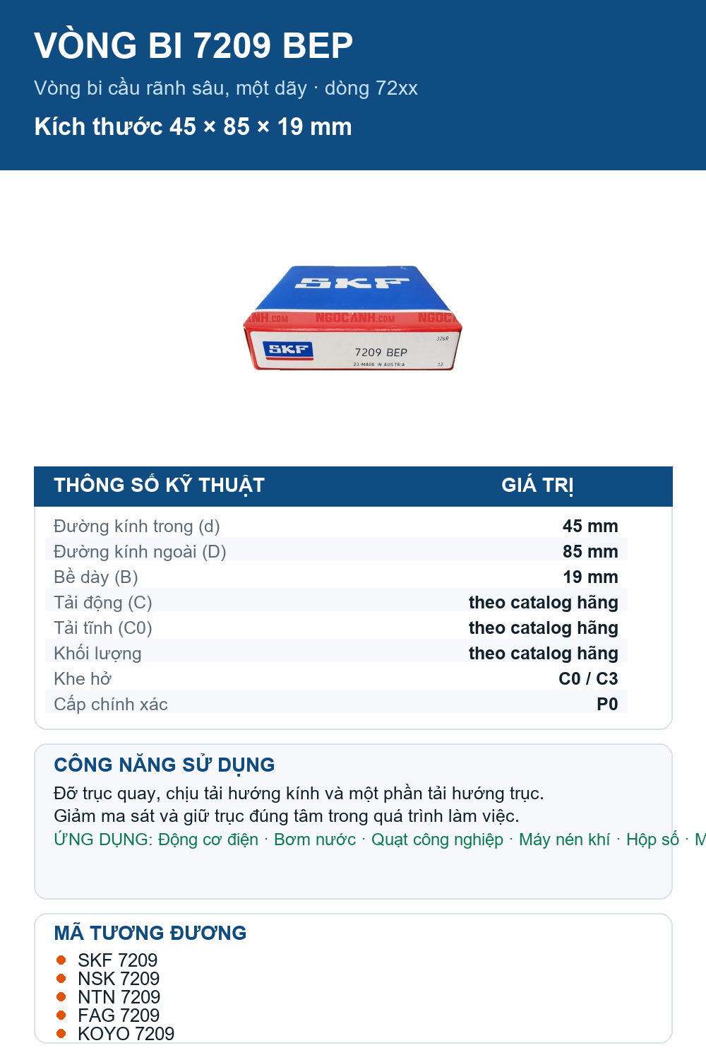 Vòng bi SKF 7209 BEP 45x85x19mm — Ảnh thông số (Pinterest)