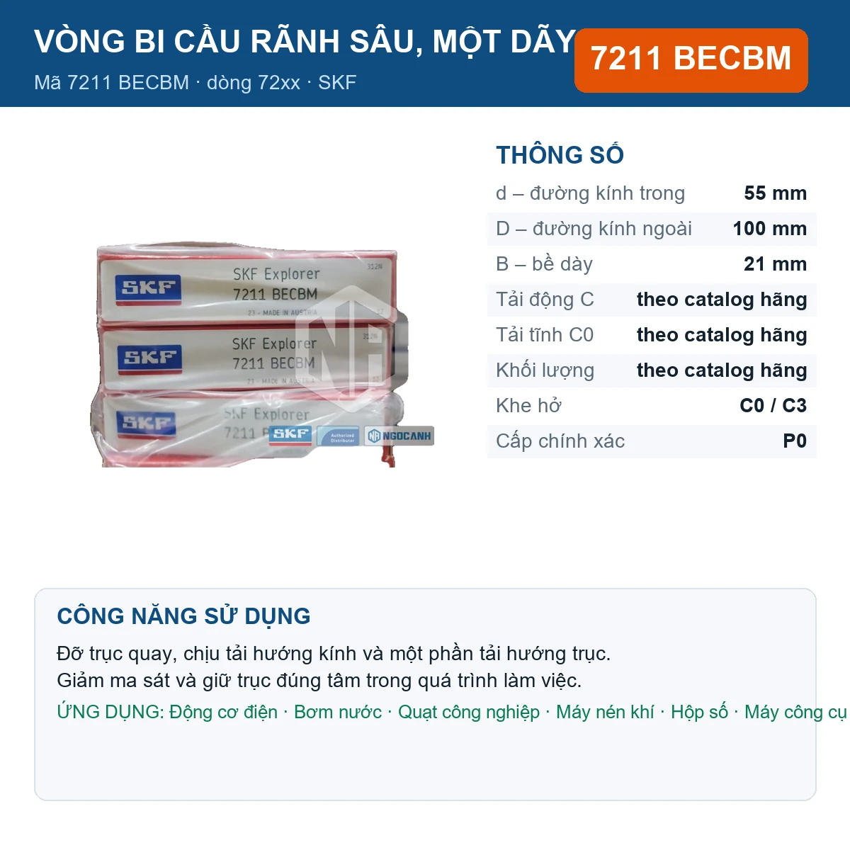Vòng bi SKF 7211 BECBM — kích thước 55x100x21mm