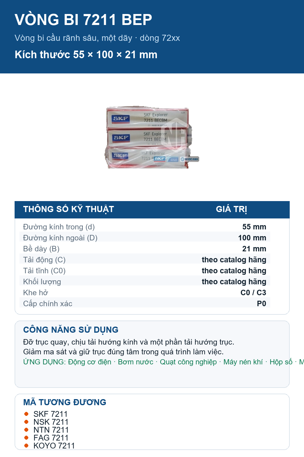 Vòng bi SKF 7211 BEP 55x100x21mm — Ảnh thông số (Pinterest)