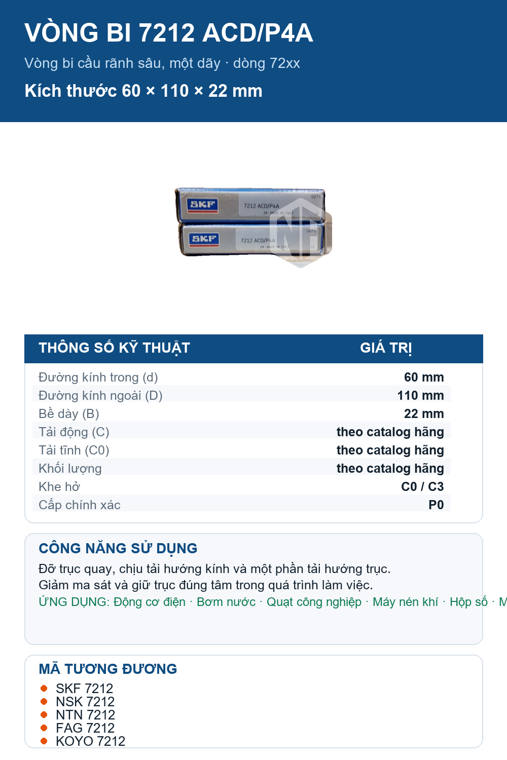 Vòng bi SKF 7212 ACD/P4A 60x110x22mm — Ảnh thông số (Pinterest)