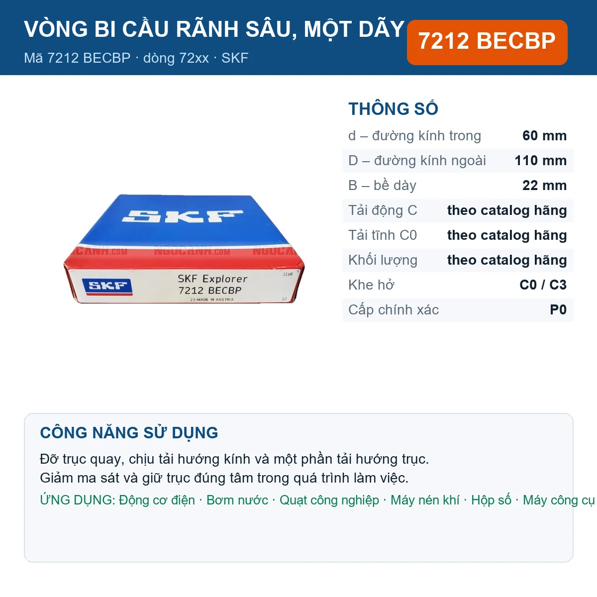 Vòng bi SKF 7212 BECBP — kích thước 60x110x22mm