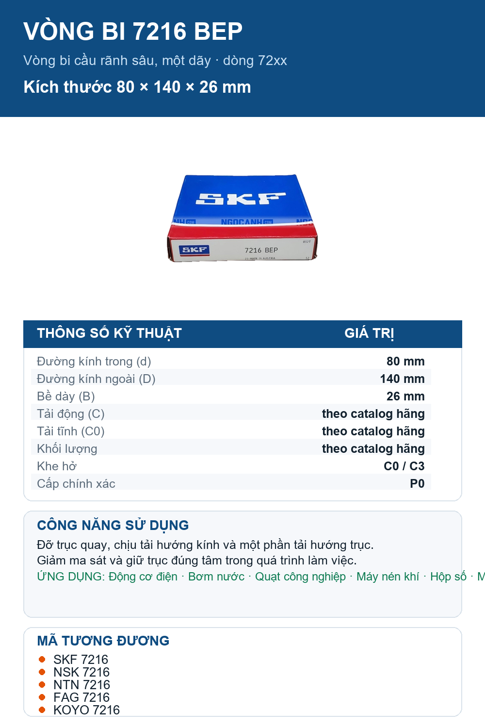 Vòng bi SKF 7216 BEP 80x140x26mm — Ảnh thông số (Pinterest)
