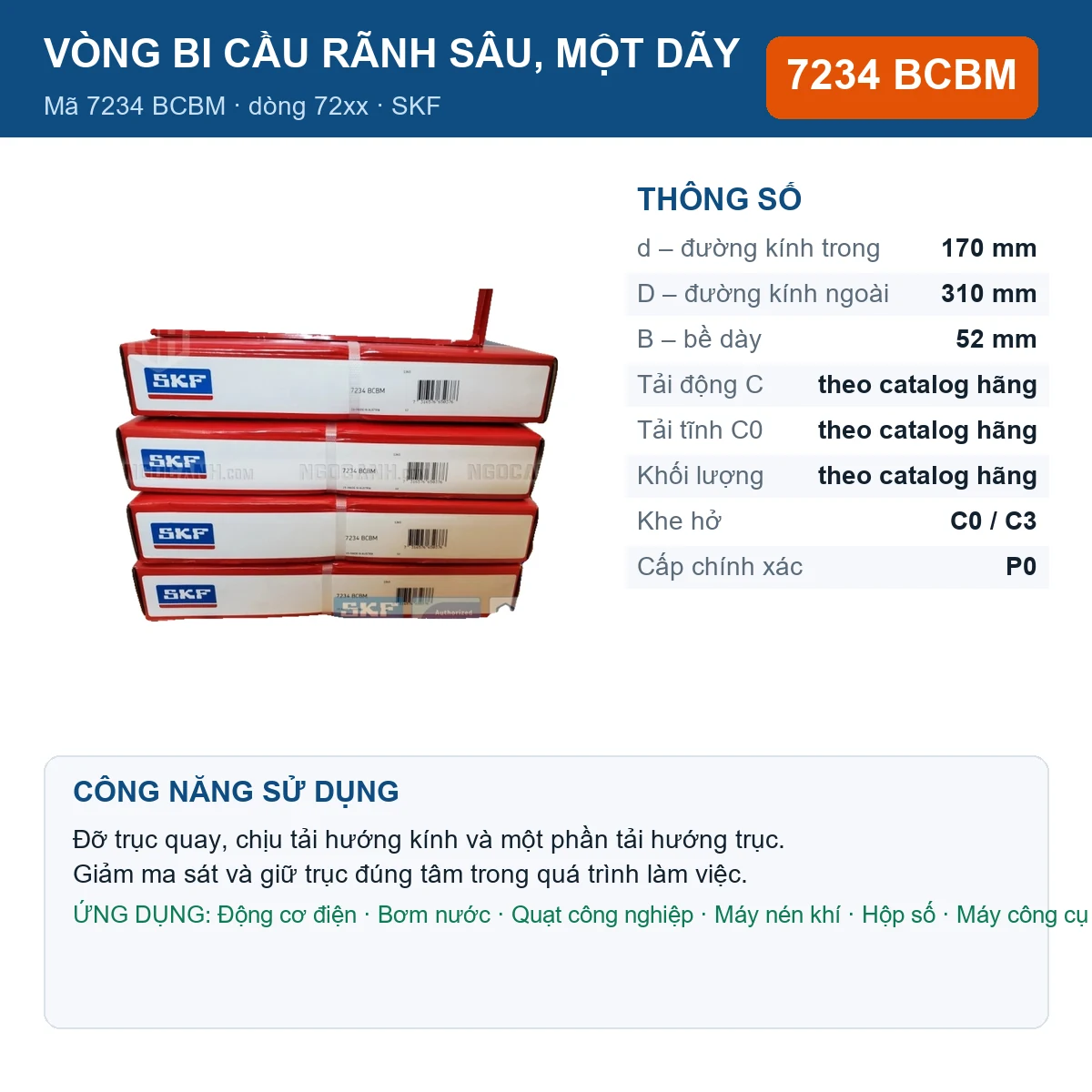 Vòng bi SKF 7234 BCBM — kích thước 170x310x52mm