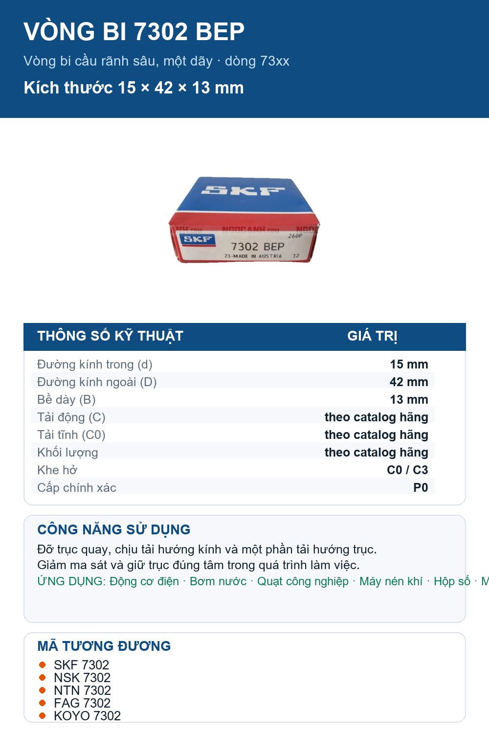 Vòng bi SKF 7302 BEP 15x42x13mm — Ảnh thông số (Pinterest)