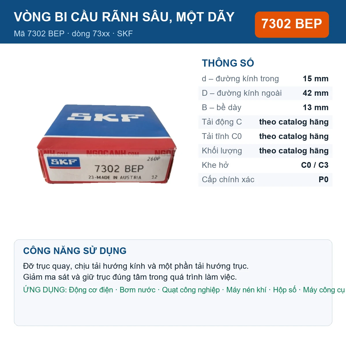 Vòng bi SKF 7302 BEP — kích thước 15x42x13mm