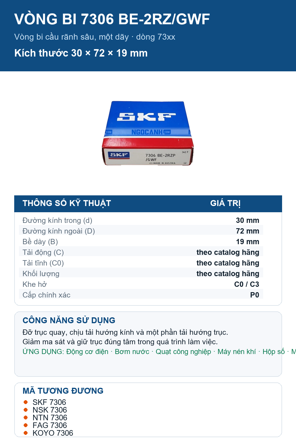 Vòng bi SKF 7306 BE-2RZ/GWF 30x72x19mm — Ảnh thông số (Pinterest)