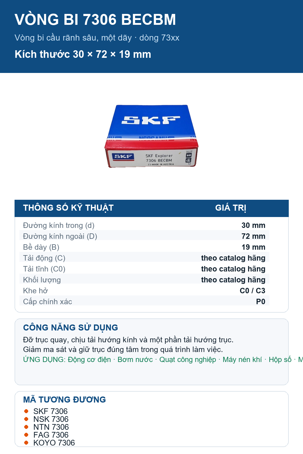 Vòng bi SKF 7306 BECBM 30x72x19mm — Ảnh thông số (Pinterest)