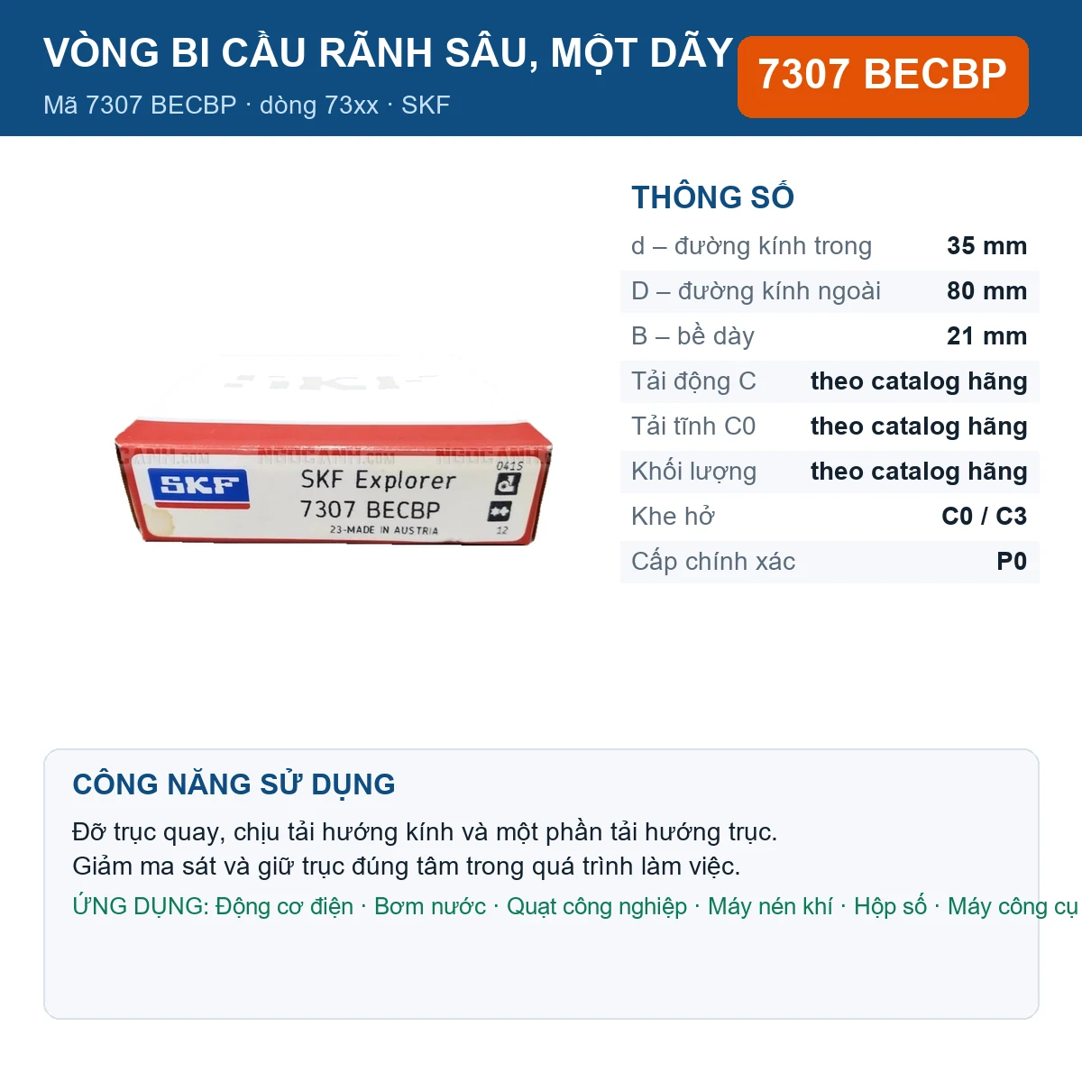 Vòng bi SKF 7307 BECBP — kích thước 35x80x21mm
