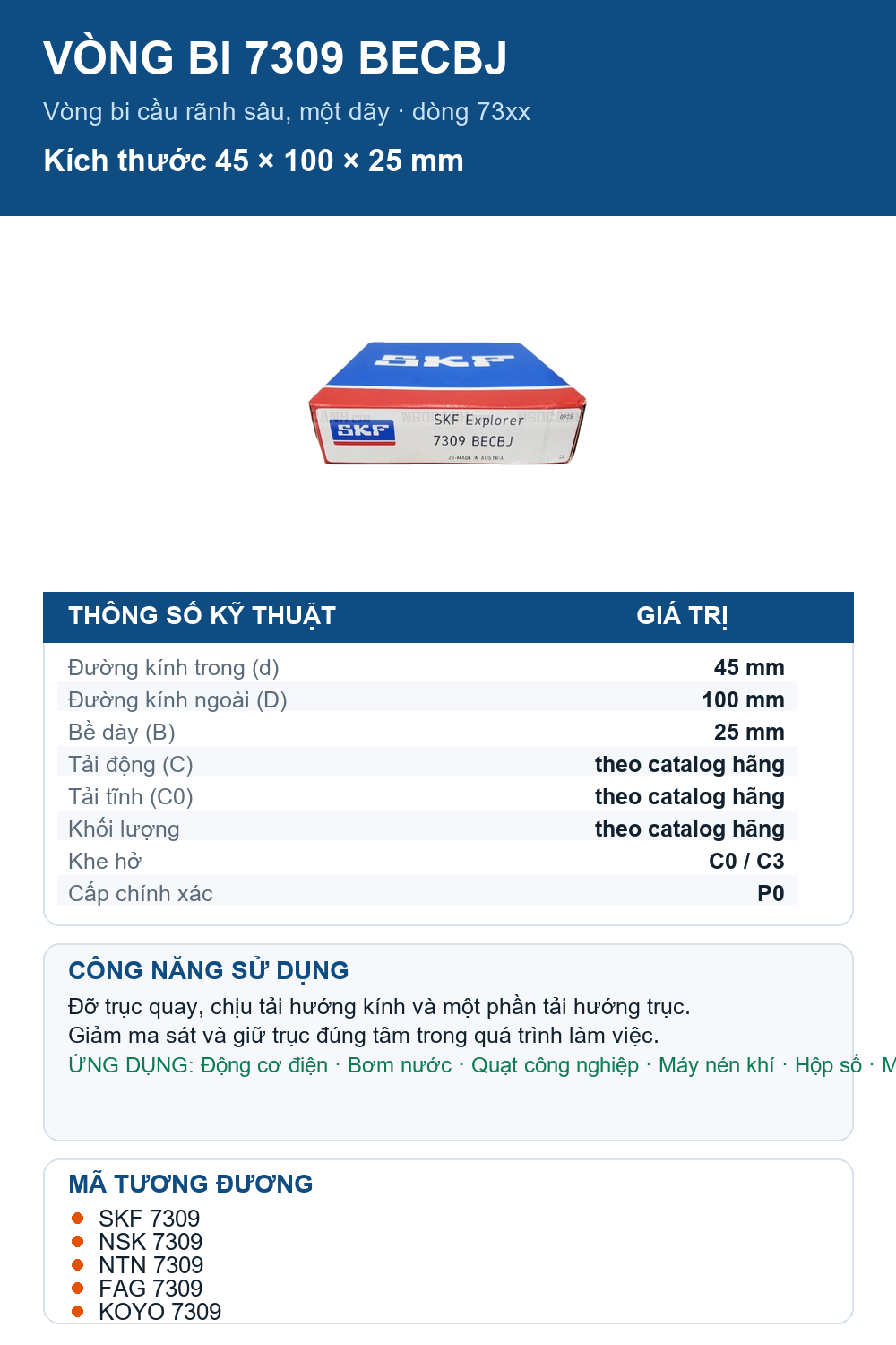 Vòng bi SKF 7309 BECBJ 45x100x25mm — Ảnh thông số (Pinterest)