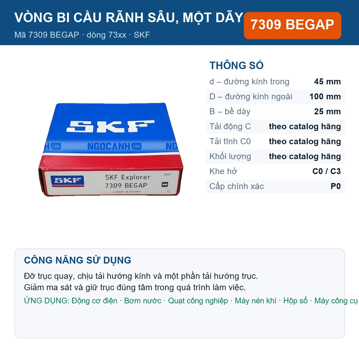 Vòng bi SKF 7309 BEGAP — kích thước 45x100x25mm